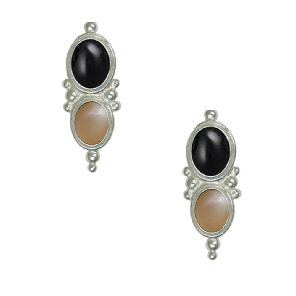 Sterling Silver Drop Dangle Earrings With Black Onyx And Peach Moonstone